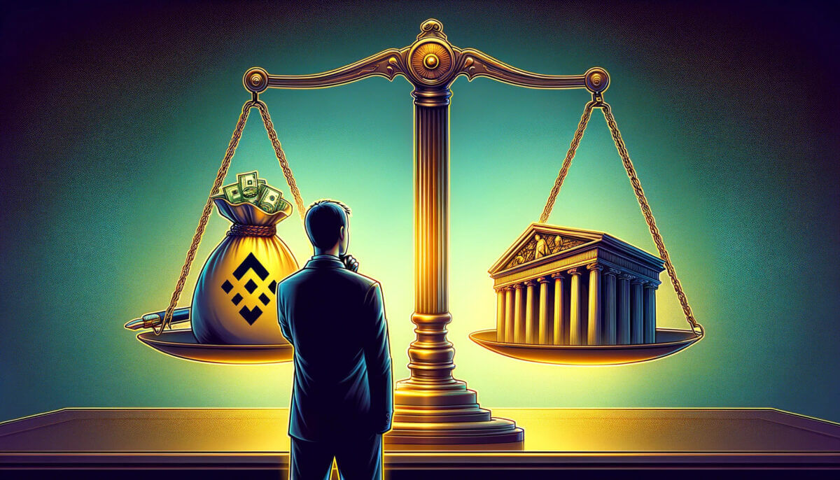 Justice scales balancing a bag of money and a government building, with Changpeng Zhao's silhouette in the background, symbolizing Binance's $4.3 billion fine and regulatory oversight