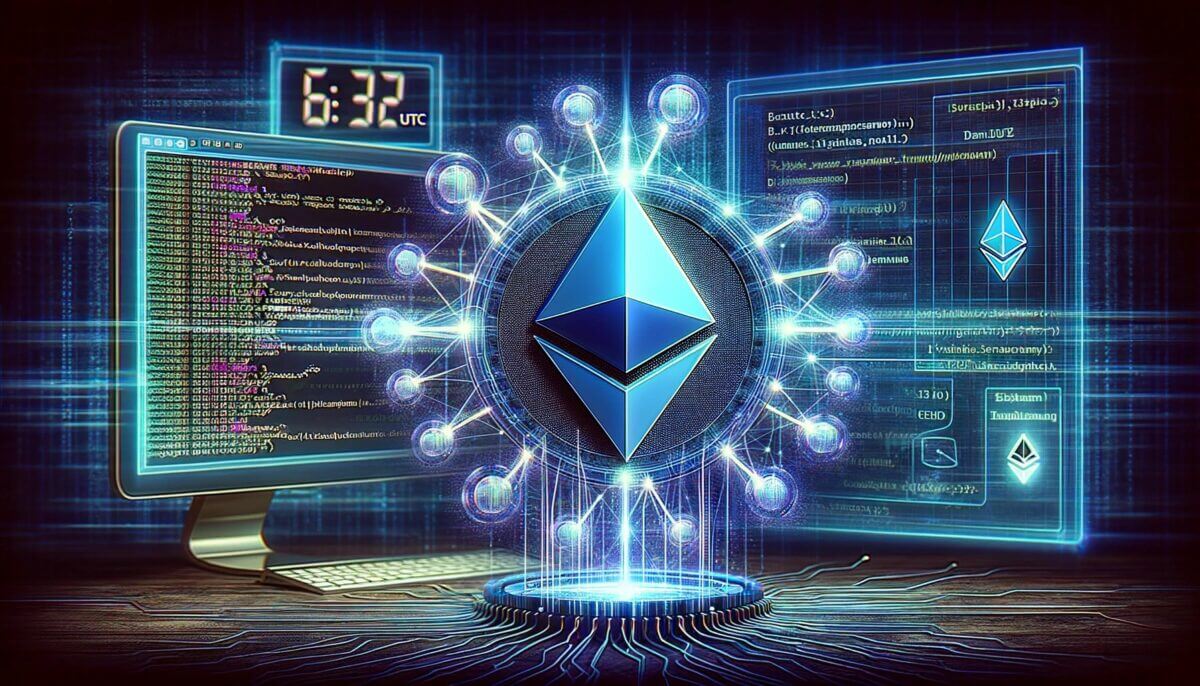 Ethereum Dencun Upgrade Digital Art - Blockchain Nodes, Ethereum Logo, Code Background, and 6:32 UTC Clock, Symbolizing Technological Advancement in Cryptocurrency