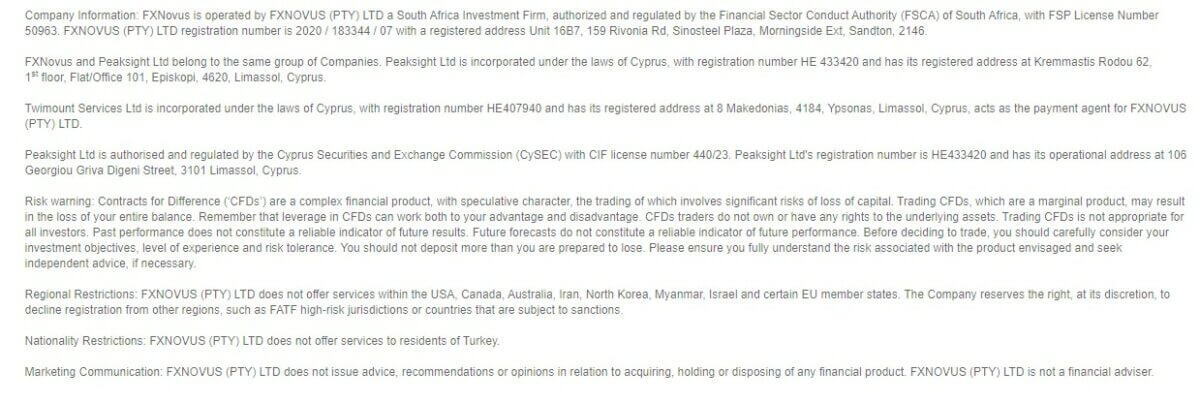 Legal and regulatory information for FXNovus, a CFD trading provider, detailing company registration and regulation by FSCA and CySEC, risk warnings for CFDs, regional and nationality restrictions for service provision, and a disclaimer about marketing communication.