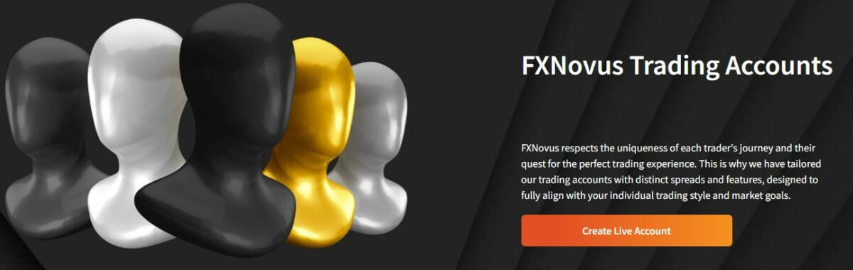 Header graphic for FXNovus Trading Accounts featuring abstract human head silhouettes in silver, black, and gold, symbolizing personalized account options, with text emphasizing the customization of trading accounts to fit individual trading styles and market goals, alongside a 'Create Live Account' button.