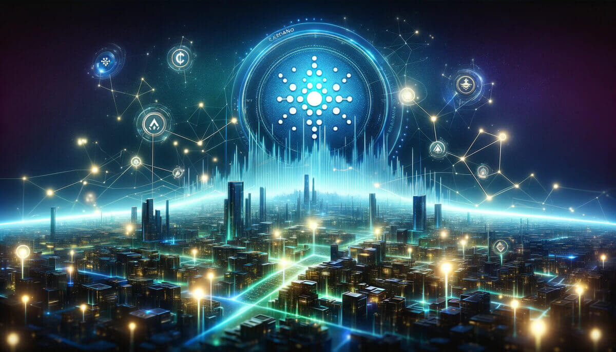 Dynamic Cardano (ADA) Cover Image showcasing a futuristic digital landscape with blockchain elements, glowing connections, and the Cardano logo against a rising graph background, symbolizing technological growth and innovation.