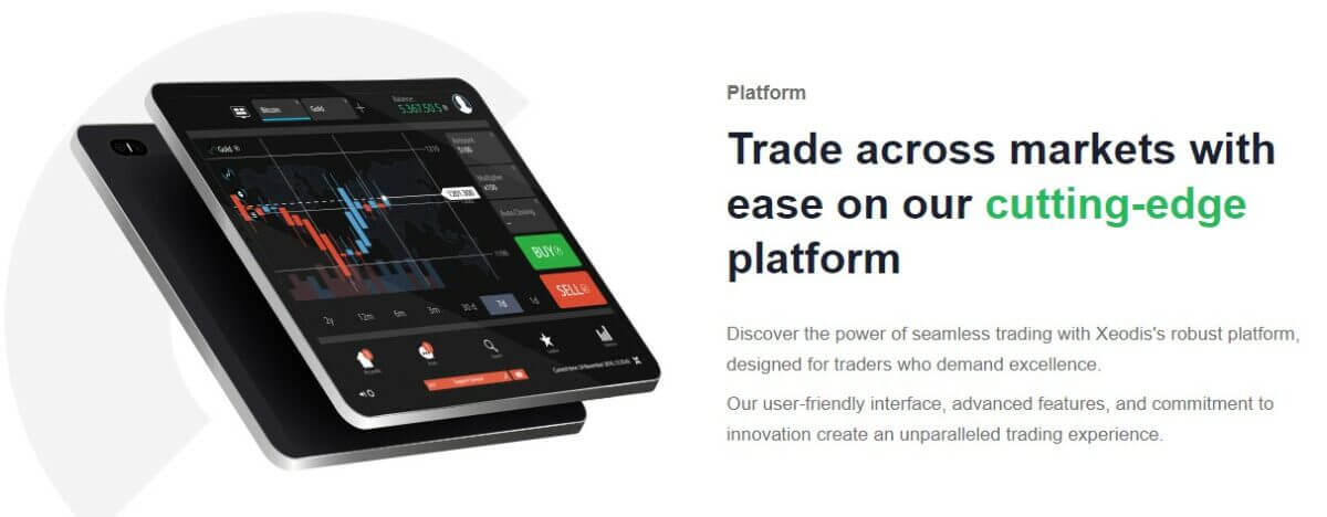 Digital tablet displaying Xeodis trading platform interface with candlestick charts, buy and sell options, and account balance, promoting easy cross-market trading on a cutting-edge platform.