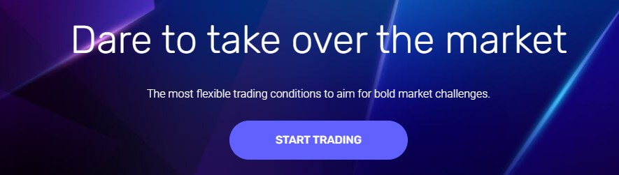 ModMount Review: are to take over the market" set against a vibrant blue and purple gradient background. The tagline below it, "The most flexible trading conditions to aim for bold market challenges," suggests a dynamic and adaptable trading platform. A prominent "START TRADING" button invites immediate engagement, indicating an interactive website element for a financial trading service