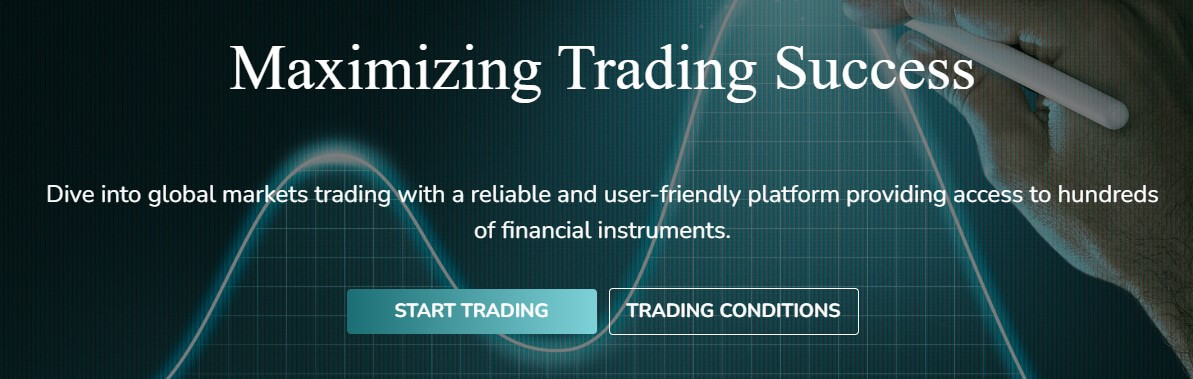 The image features a promotional banner with a financial trading theme. The text "Maximizing Trading Success" is prominently displayed, suggesting a focus on achieving optimal outcomes in trading activities. Below the main title, there is an invitation to "Dive into global markets trading with a reliable and user-friendly platform providing access to hundreds of financial instruments." This indicates that the platform offers extensive trading opportunities in various global financial markets and emphasizes ease of use and reliability. Additionally, there are two call-to-action buttons: "START TRADING" and "TRADING CONDITIONS," which are likely meant to direct potential users to begin trading or to learn more about the terms of trading on the platform. The overall design suggests a sleek, modern interface, likely aiming to attract users to engage with the trading platform mentioned. The background has a graph-like image, commonly associated with market data representation, and a hand holding a pen, perhaps ready to take notes or sign up, alluding to the analytical and decision-making aspects of trading.