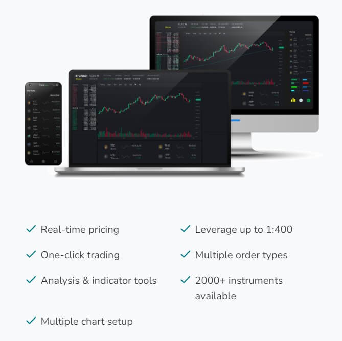 The image showcases the features of a trading platform, visible on multiple devices including a smartphone, tablet, and desktop, indicating that the platform is accessible on various devices. 